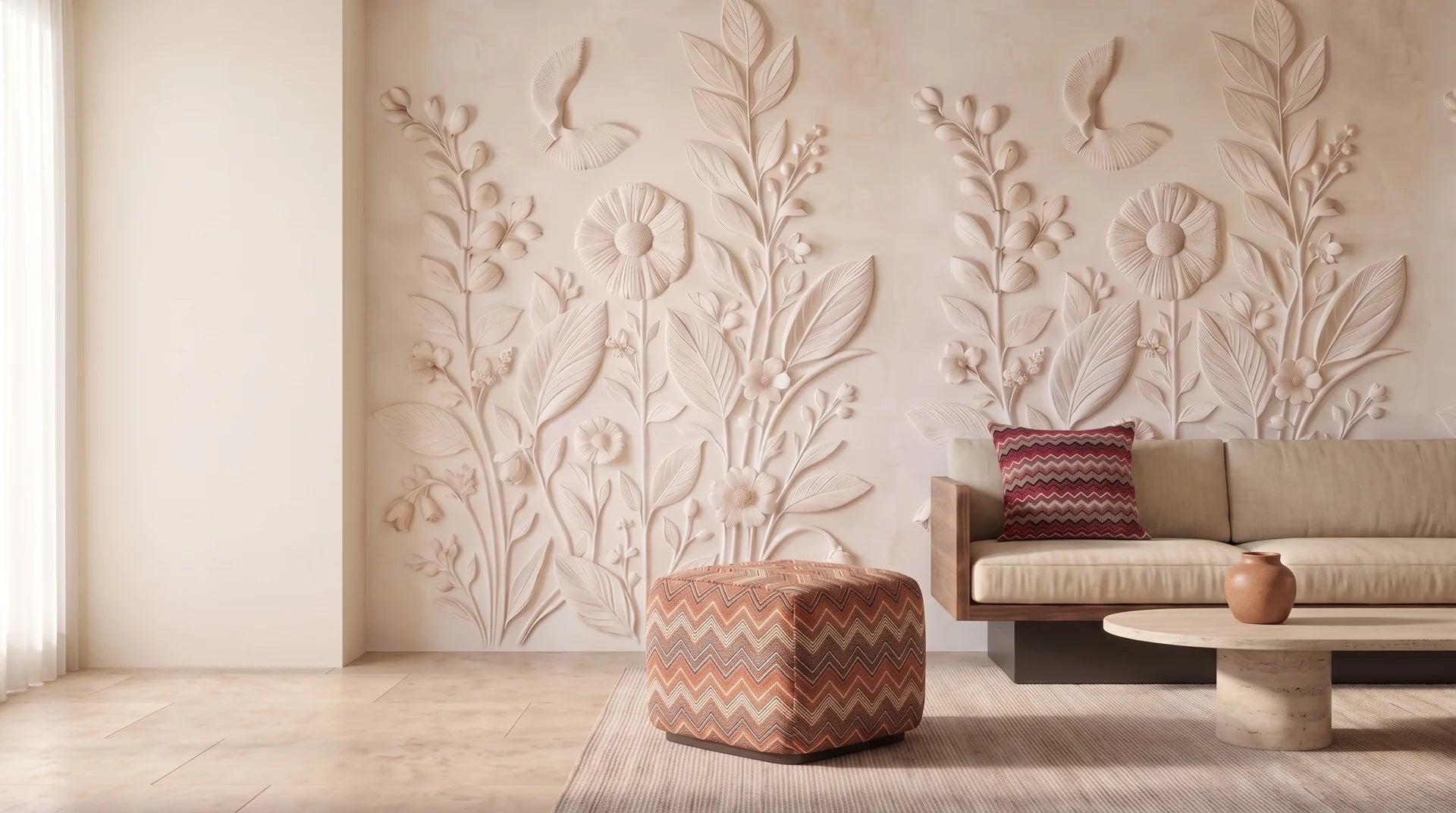 Salon aux tons crème, décor mural floral, canapé et pouf à motifs