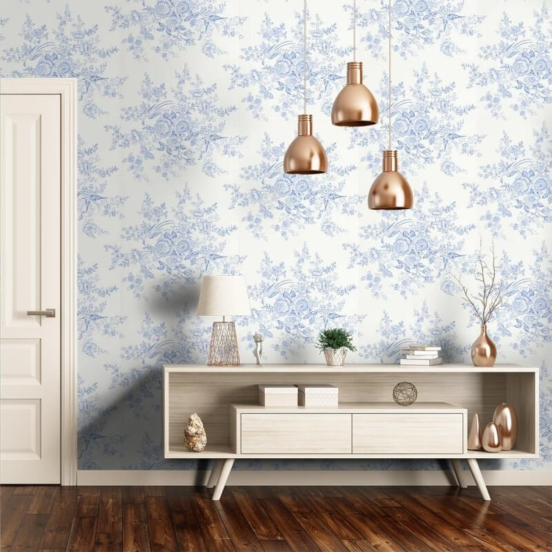Papier peint Ralph Lauren oiseaux bleus et fleurs sur fond blanc