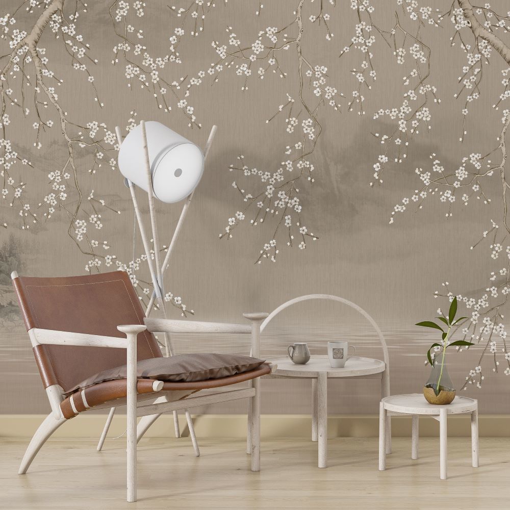 Papier peint fleurs de lierre ombrées sur fond vison