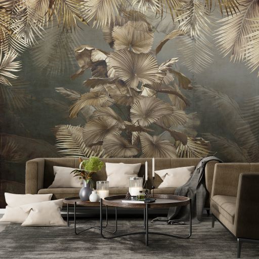 Papier peint sépia arbre et feuilles or et cuivre