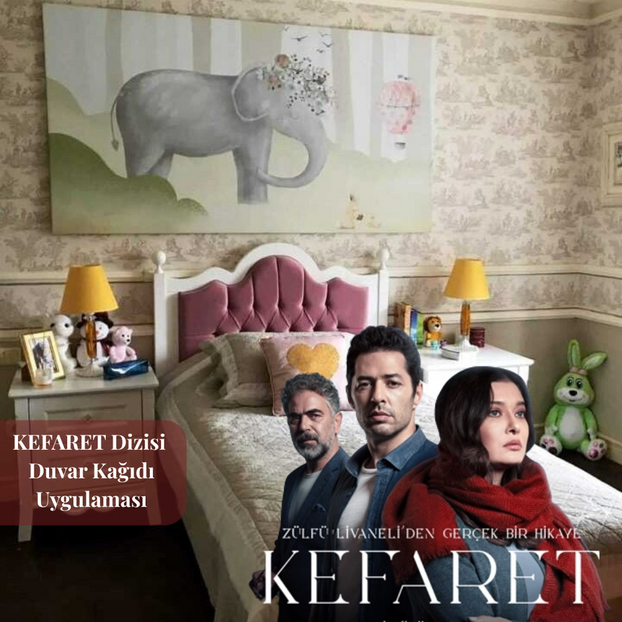Papier peint éléphant à couronne de fleurs et montgolfière bleu doux de Cansu (Bahar Ece Yılmaz), série Kefaret