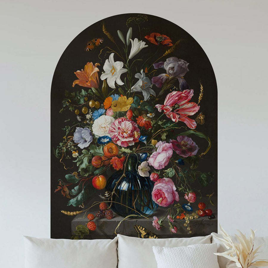 Papier peint motif floral aux couleurs vives sur fond noir