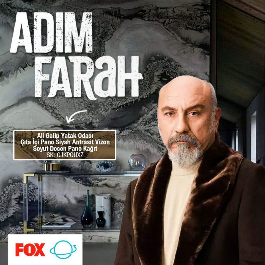 Papier peint panneau à motif abstrait noir anthracite et vison, chambre d'Ali Galip, série Adım Farah
