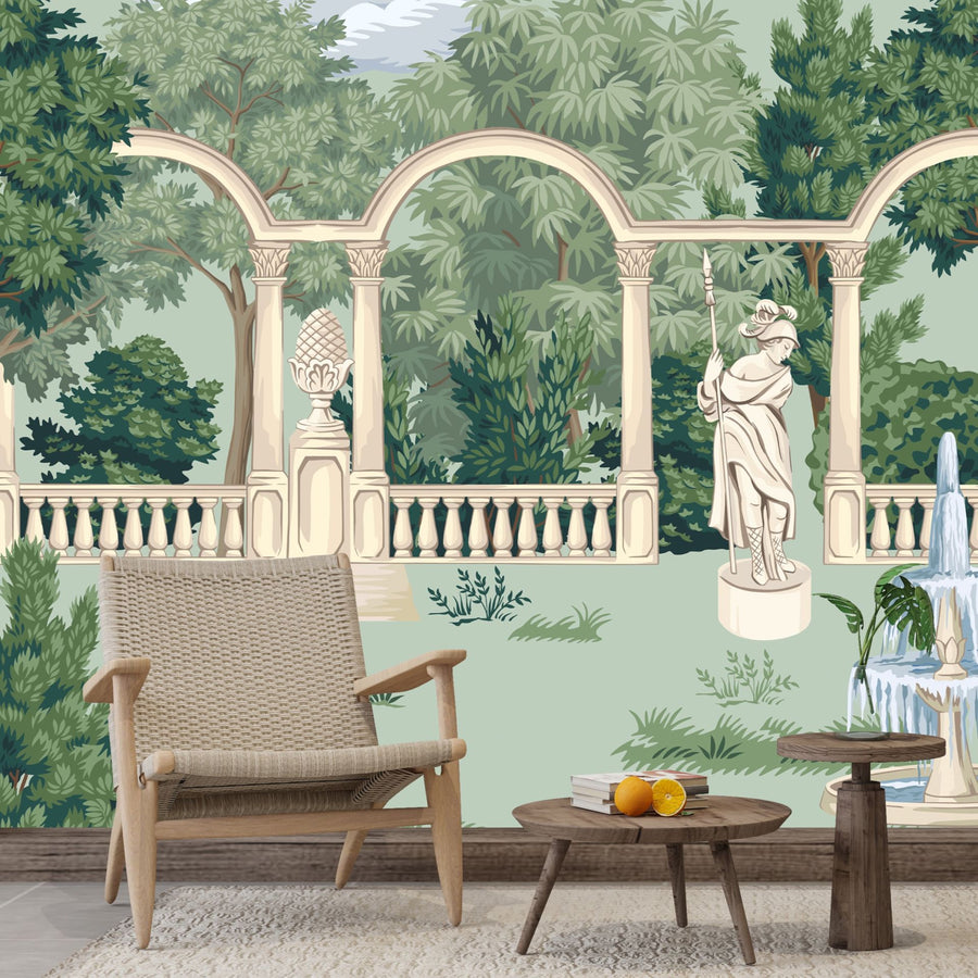 Papier peint colonnes, buste et fontaine en forêt