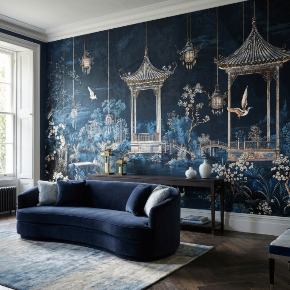 Papier peint paysage de pavillon au jardin oriental – Midnight Azure