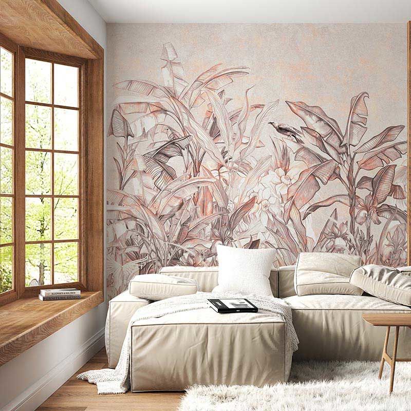 Papier peint feuilles rose doux et arbres tropicaux dessinés
