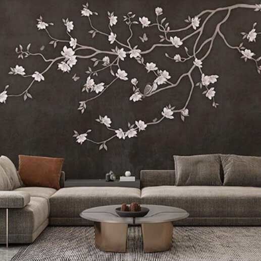 Papier peint fleurs et oiseaux sur fond brun