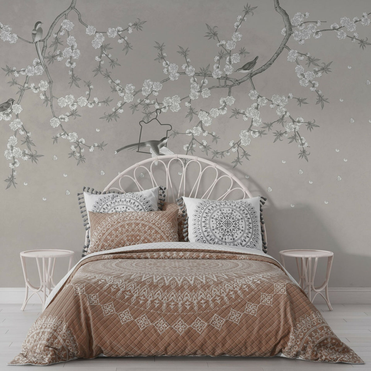 Papier peint moineaux sur les fleurs de lierre