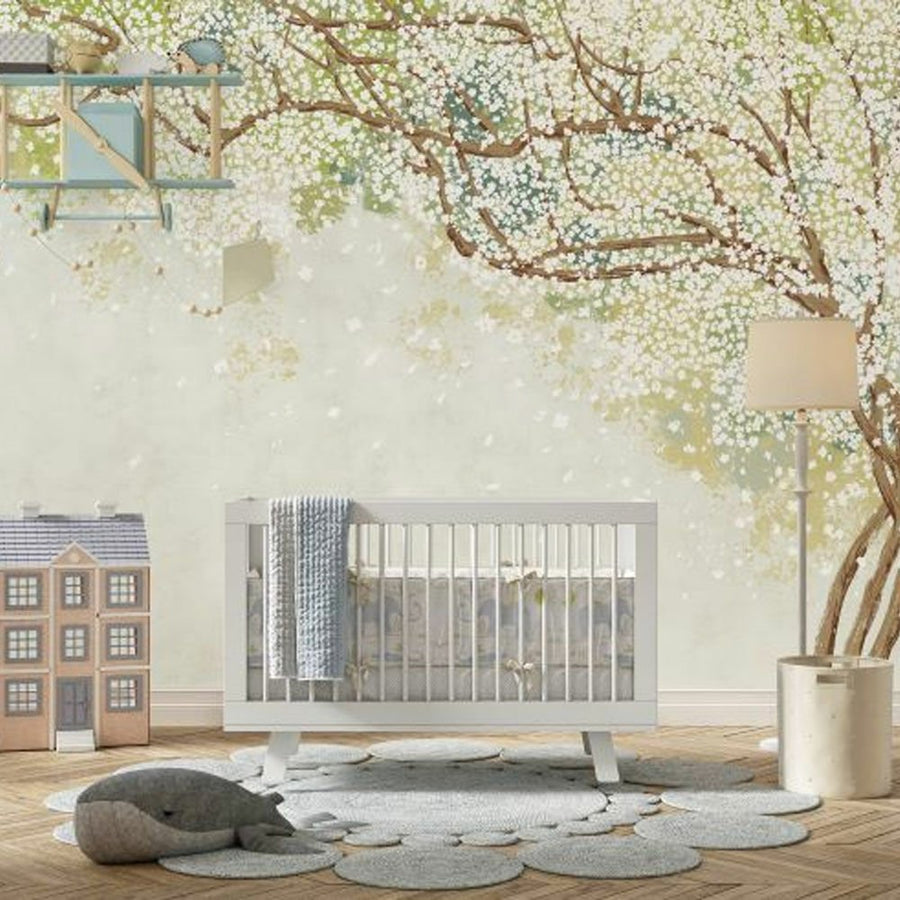 Papier peint grand arbre aux petites fleurs blanches