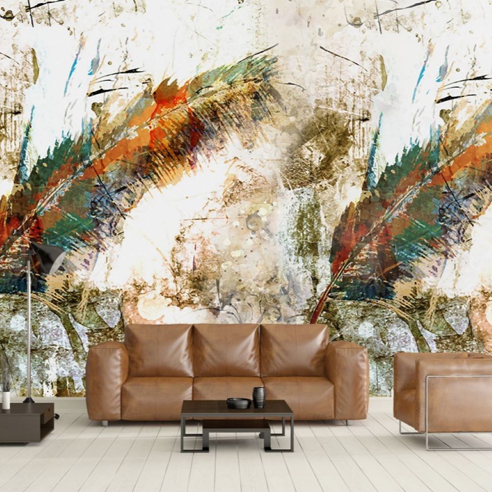 Papier peint art mural grande plume colorée