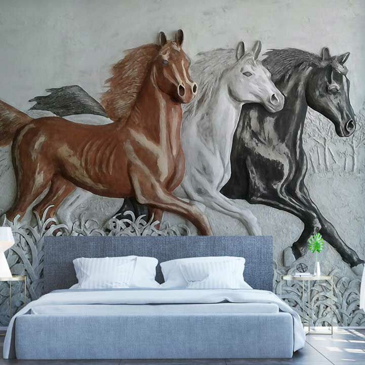 Papier peint chevaux en 3D blanc, brun et noir