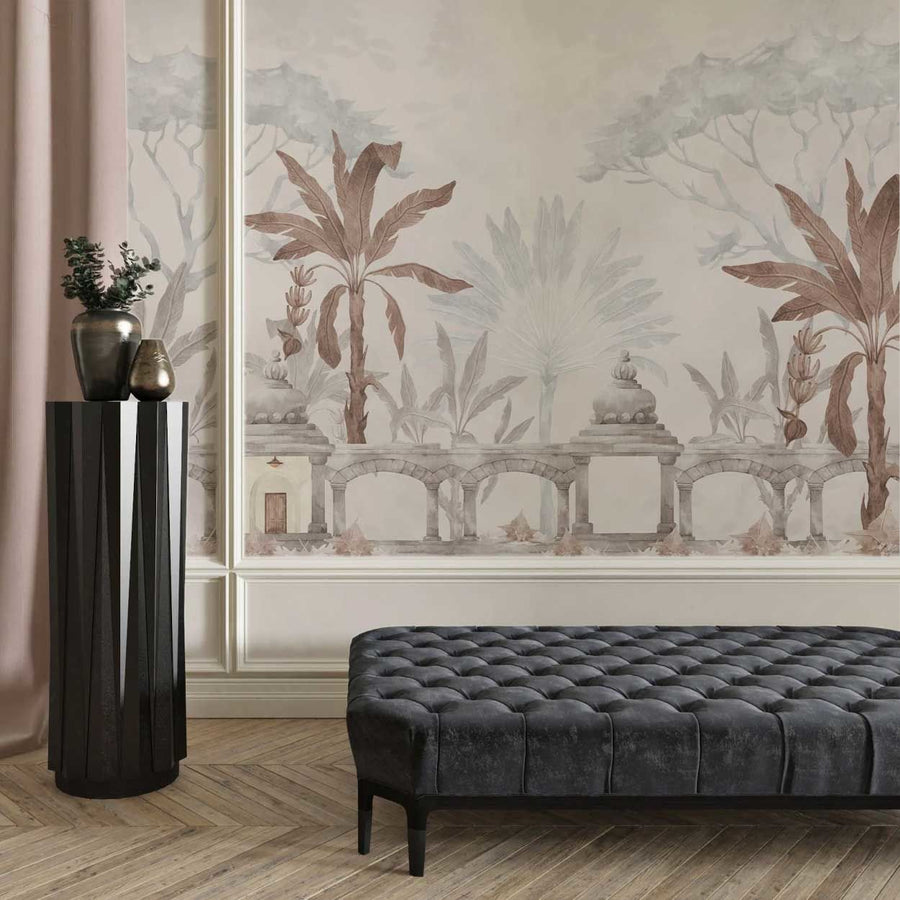Papier peint sépia gris colonnes et palmiers