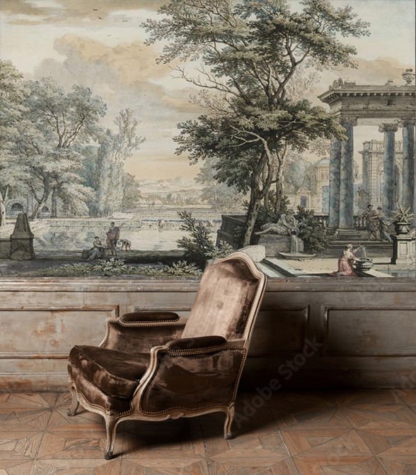Papier peint cour Renaissance à colonnes aux tons bleus