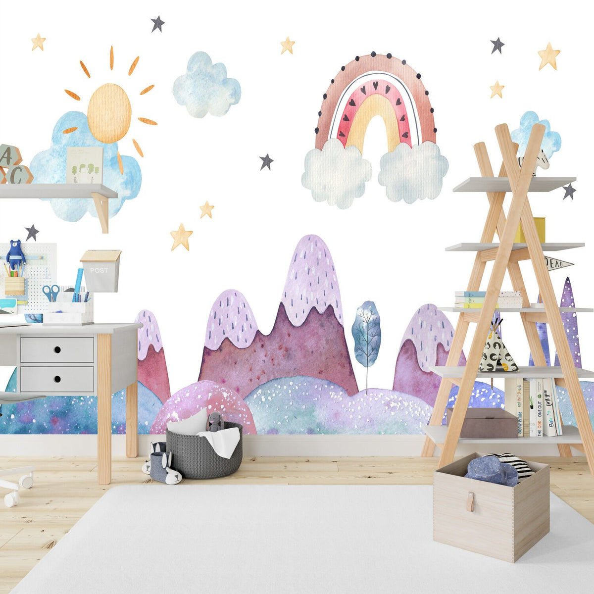 Papier peint montagnes violettes et arc-en-ciel