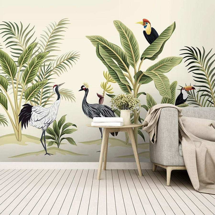 Papier peint hérons parmi les plantes tropicales