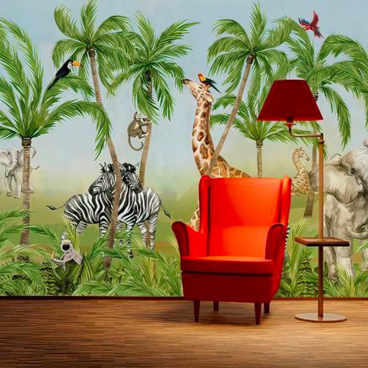 Papier peint zèbre, girafe et animaux aux couleurs vives