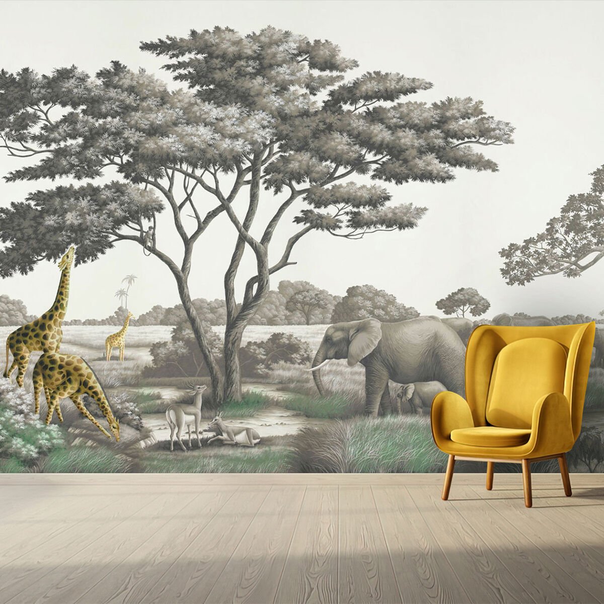 Papier peint éléphants et girafes jaunes en forêt