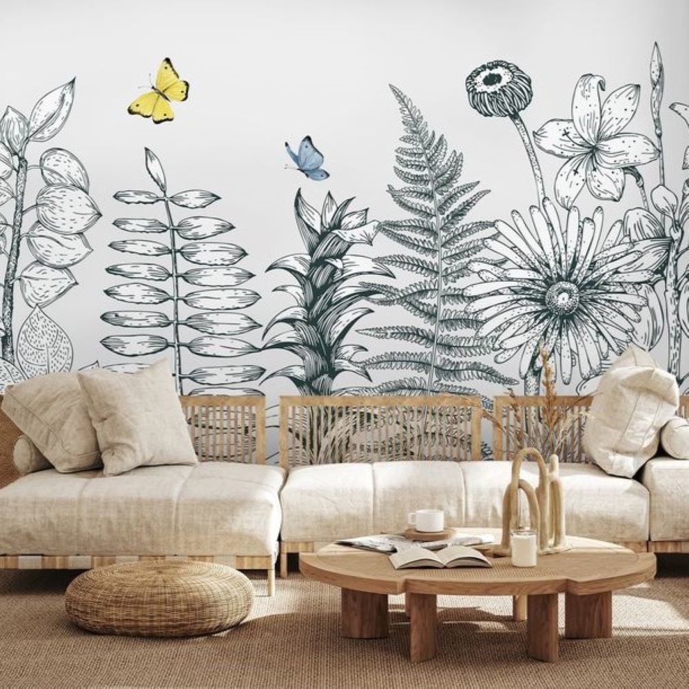 Papier peint grandes fleurs et feuillages au trait