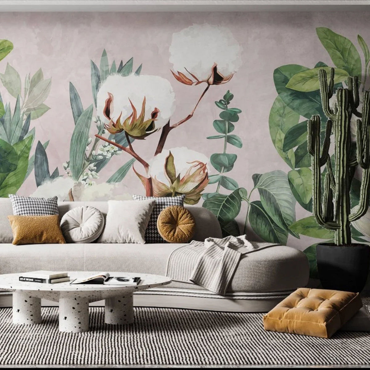 Papier peint plant de coton et grandes feuilles vertes