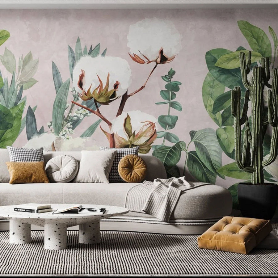Papier peint plant de coton et grandes feuilles vertes