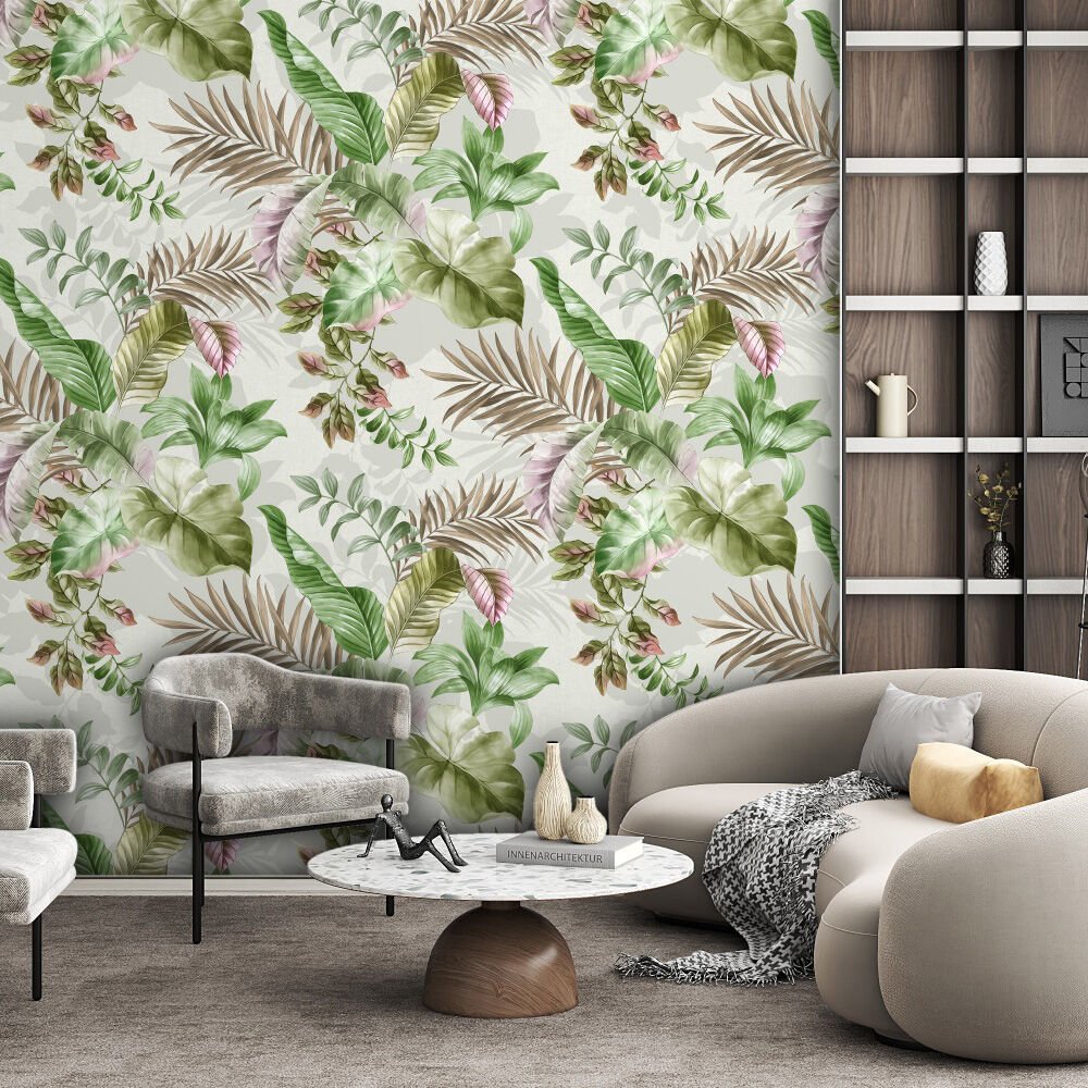 Papier peint feuilles ton vieux rose