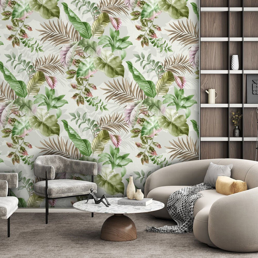 Papier peint feuilles ton vieux rose