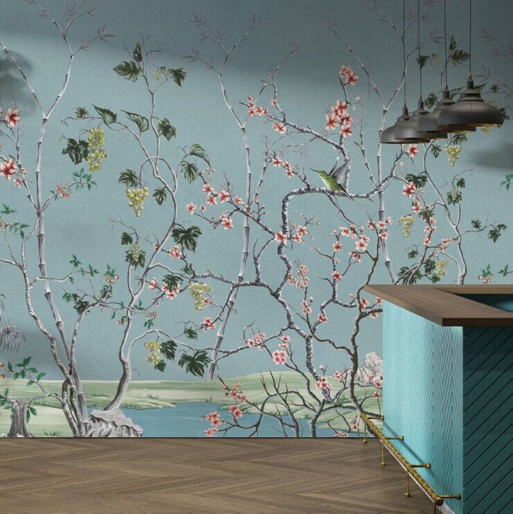 Papier peint raisins, fleurs et oiseaux