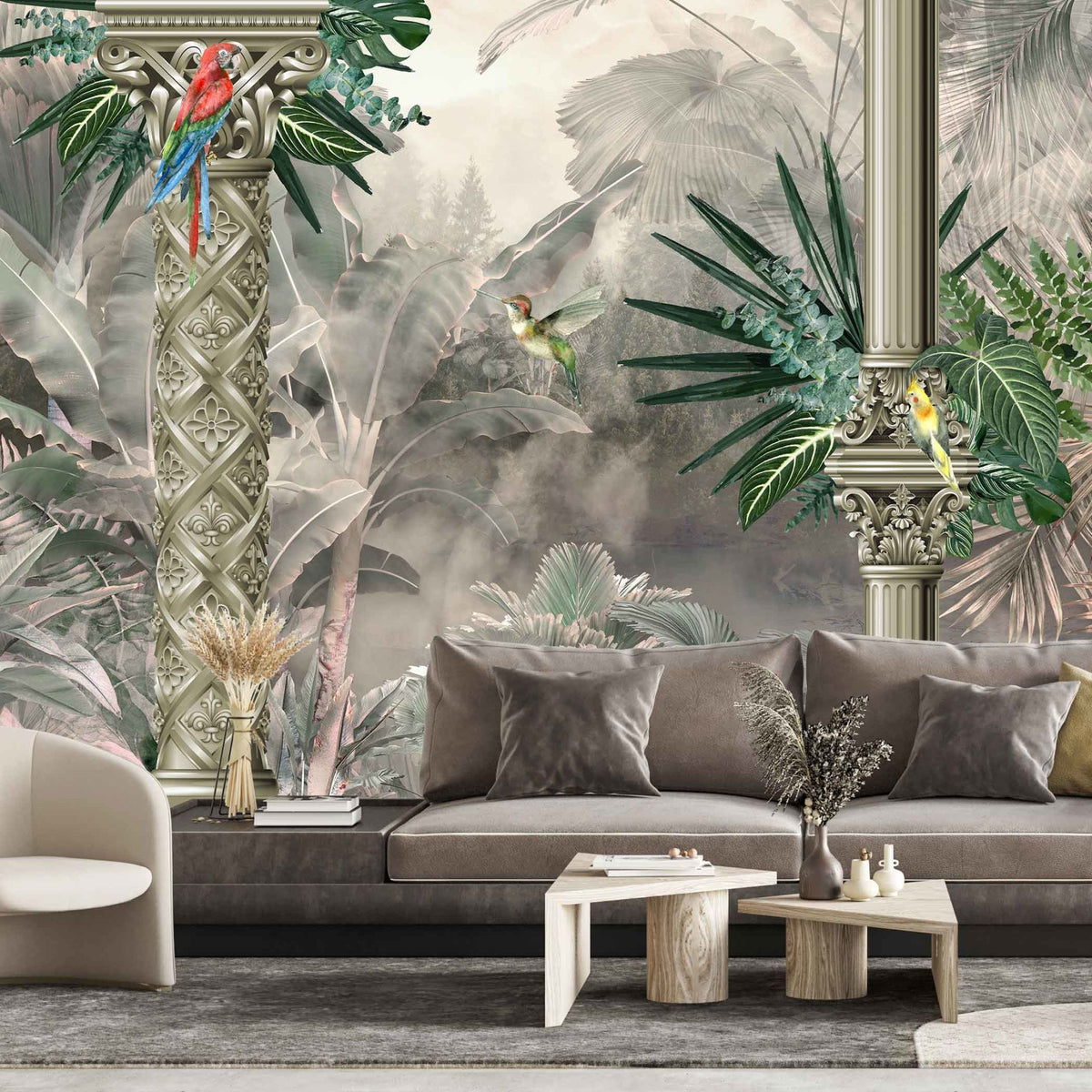 Papier peint colonnes ouvragées de luxe et perroquets dans la forêt tropicale