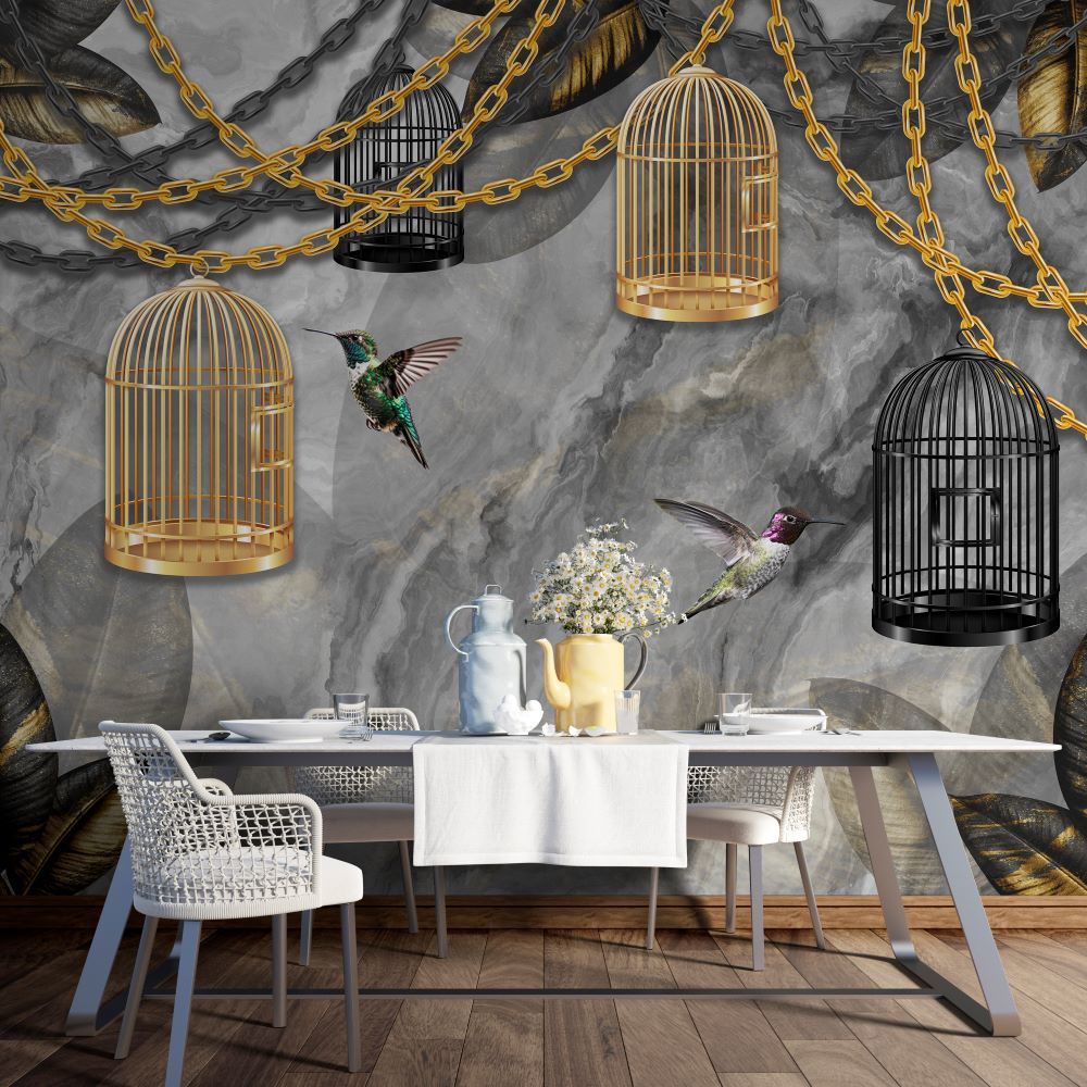 Papier peint cage noire et dorée et oiseaux sur fond marbre