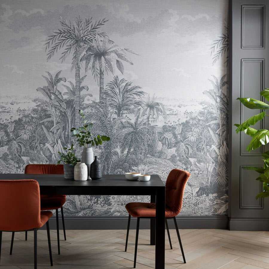 Papier peint forêt tropicale et palmier gris anthracite