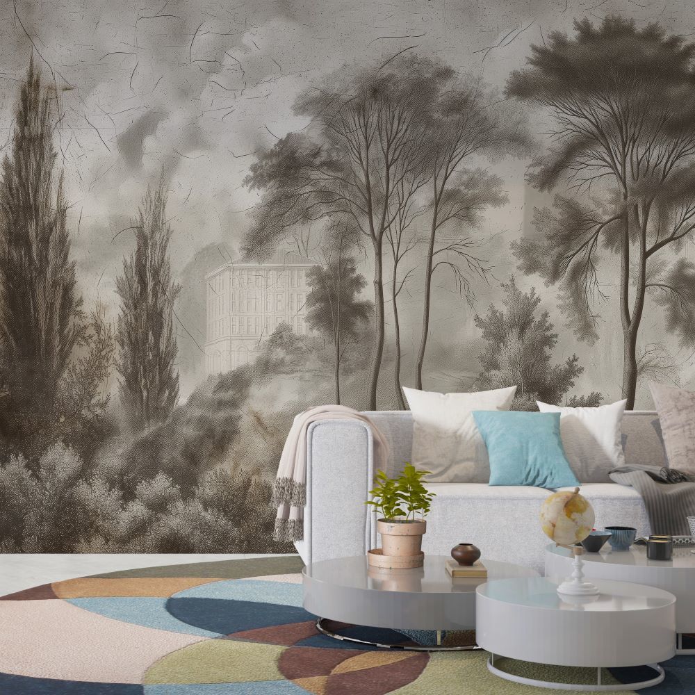 Papier peint maison parmi les arbres aux tons sépia