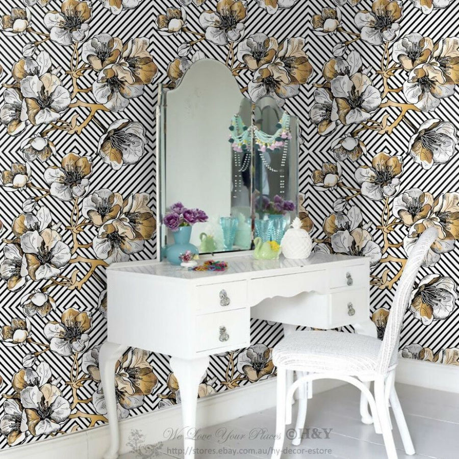 Papier peint fleurs blanches futuristes