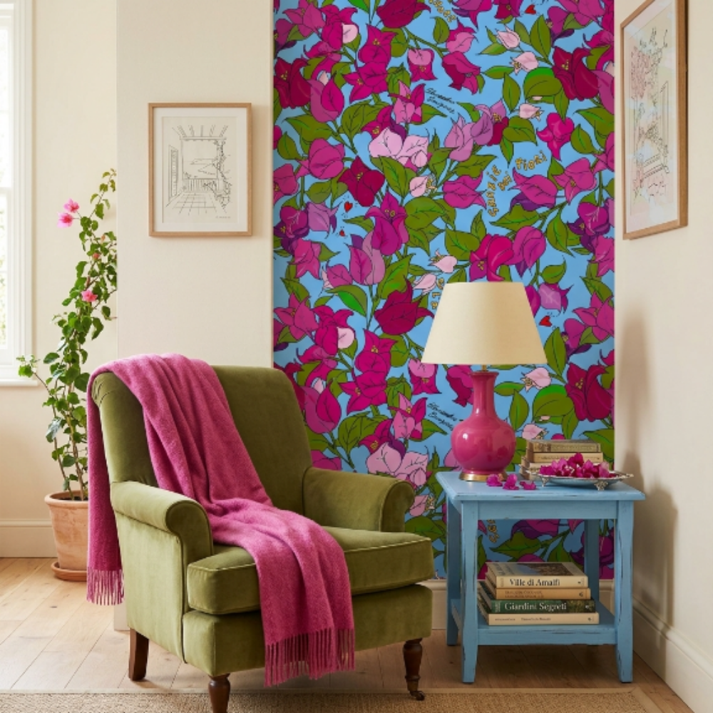 Papier peint Enriquezland Damour bleu et fuchsia