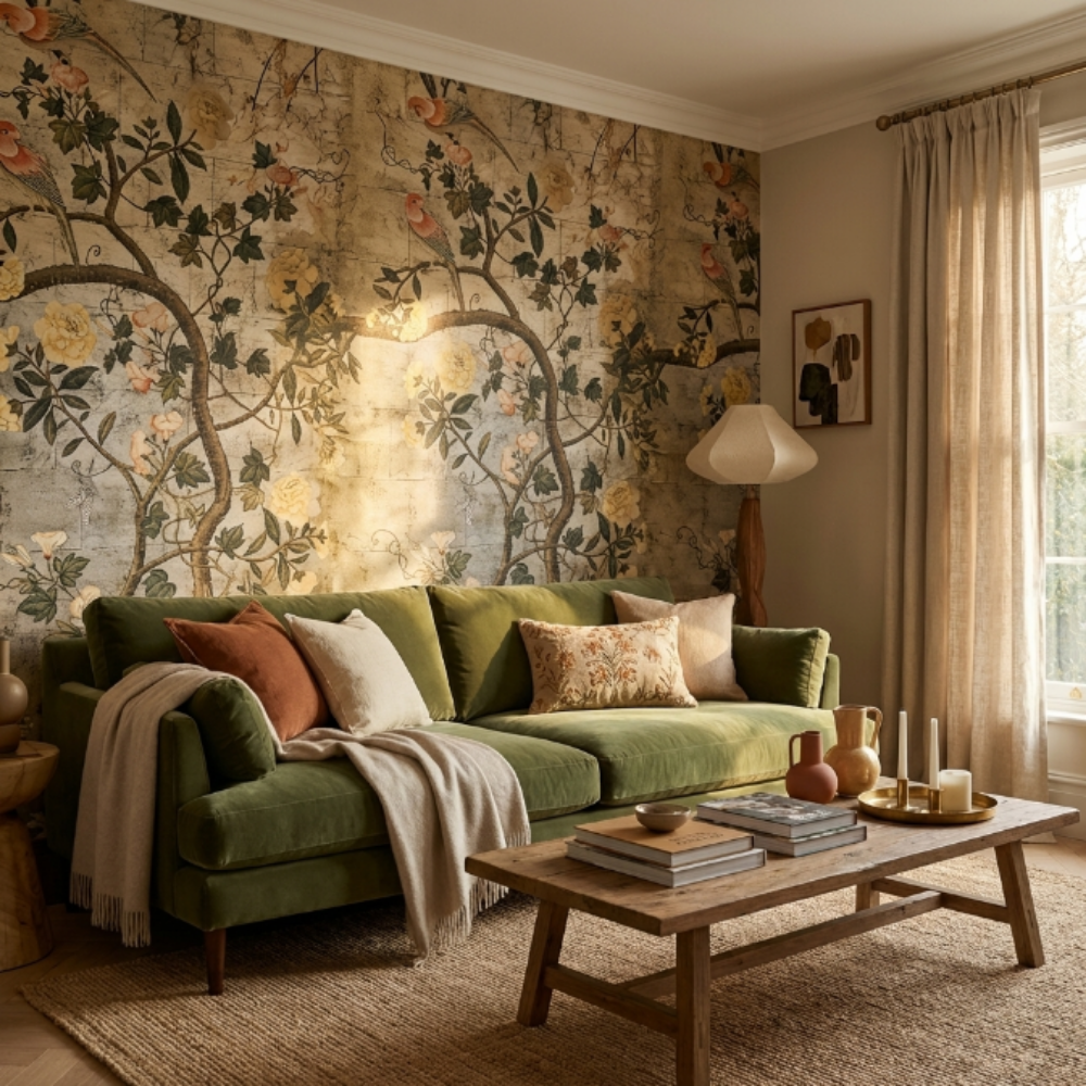 Papier peint Uva fleurs exotiques et oiseaux sur fond beige