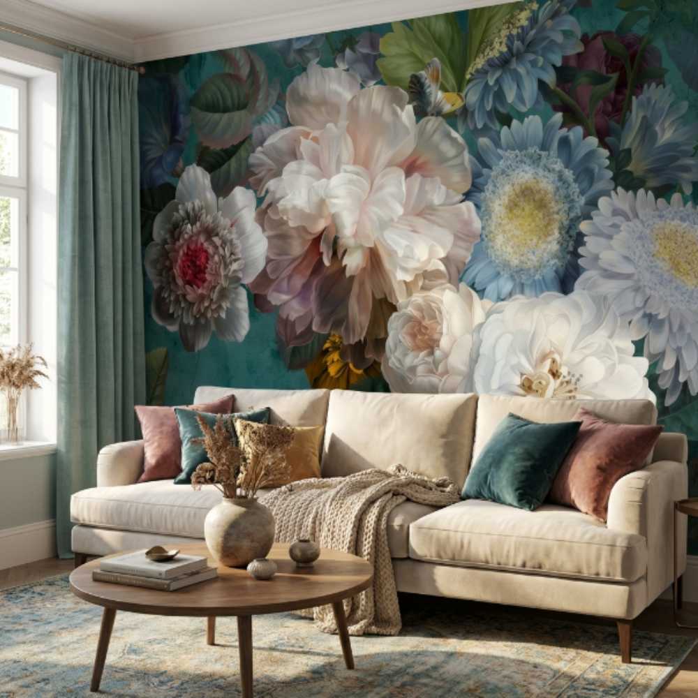 Papier peint Uva fleurs exotiques multicolores sur fond turquoise