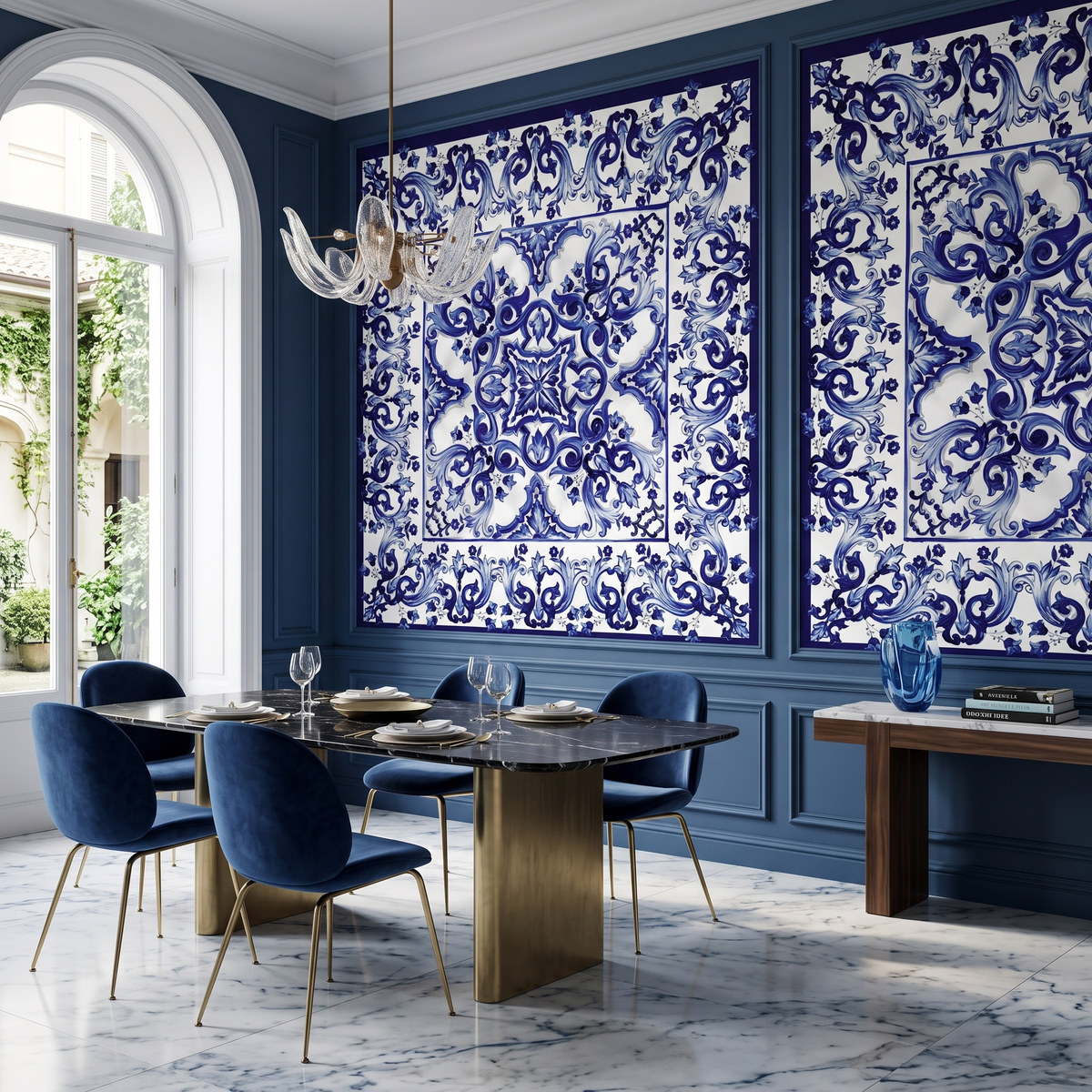 Papier peint panoramique Dolce Gabanna carreaux à fleurs encadrées bleu