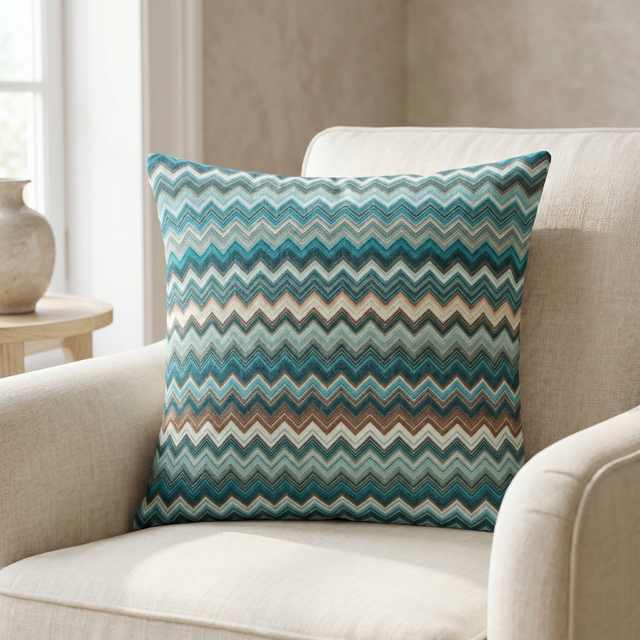 Coussin décoratif à motif zigzag ethnique turquoise et beige
