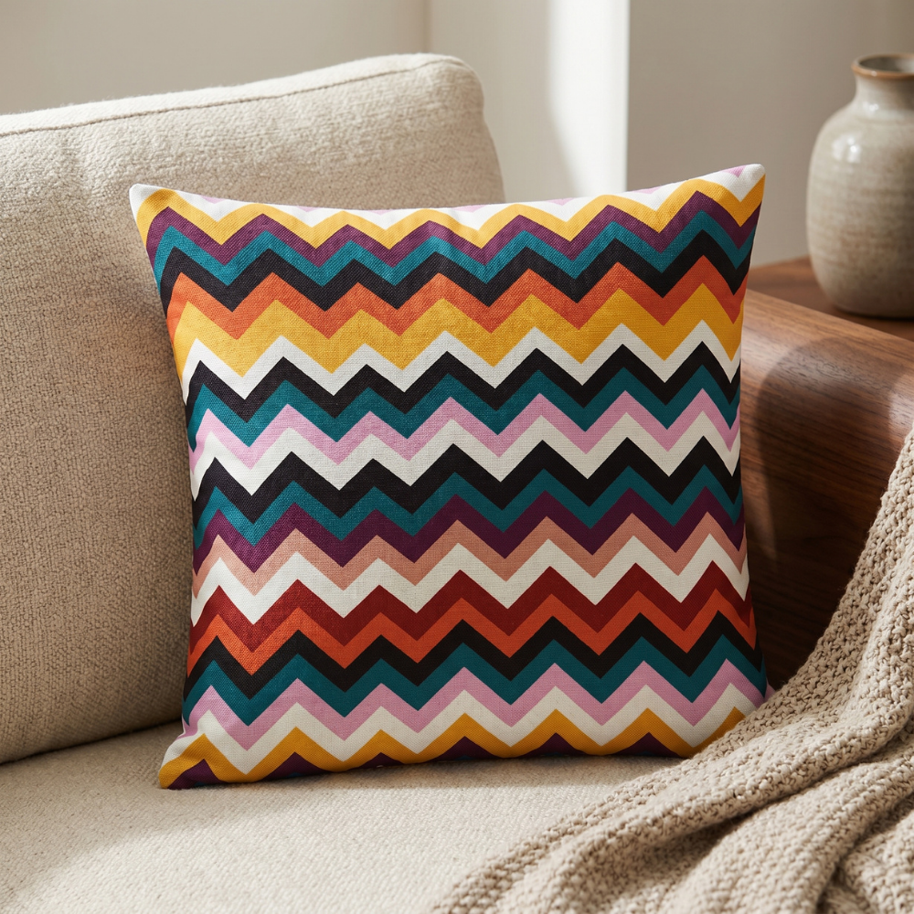Coussin décoratif à motif zigzag explosion de couleurs rétro