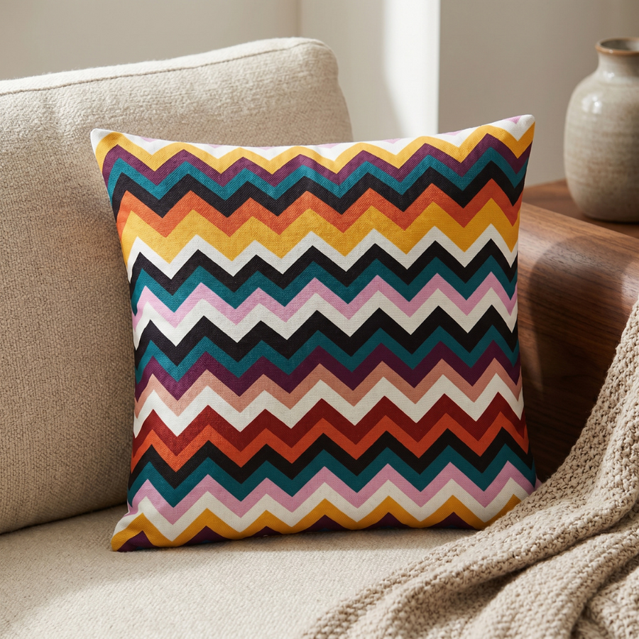Coussin décoratif à motif zigzag explosion de couleurs rétro