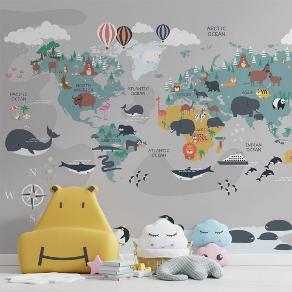 Papier peint carte du monde et animaux exotiques par continent