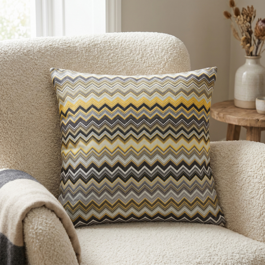 Coussin décoratif moderne à motif zigzag moutarde et gris