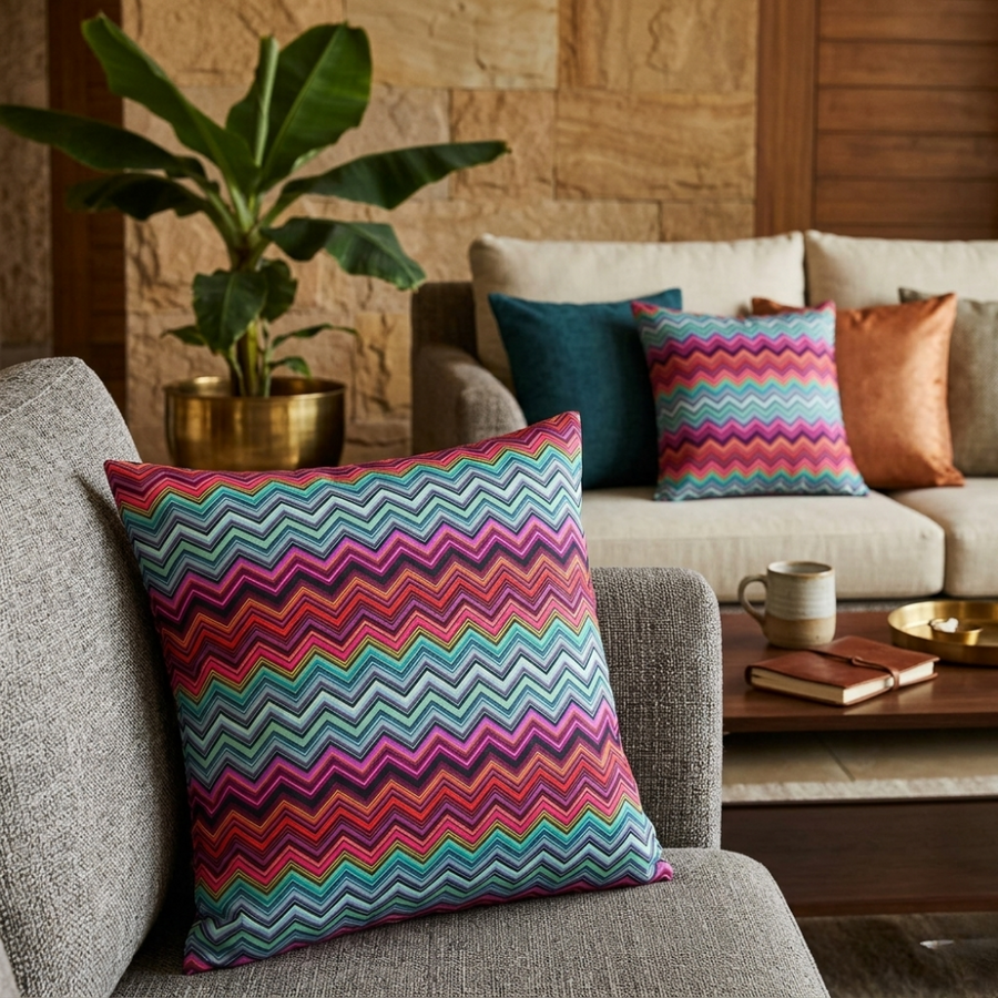 Coussin à motif zigzag aux tons bleu et bordeaux