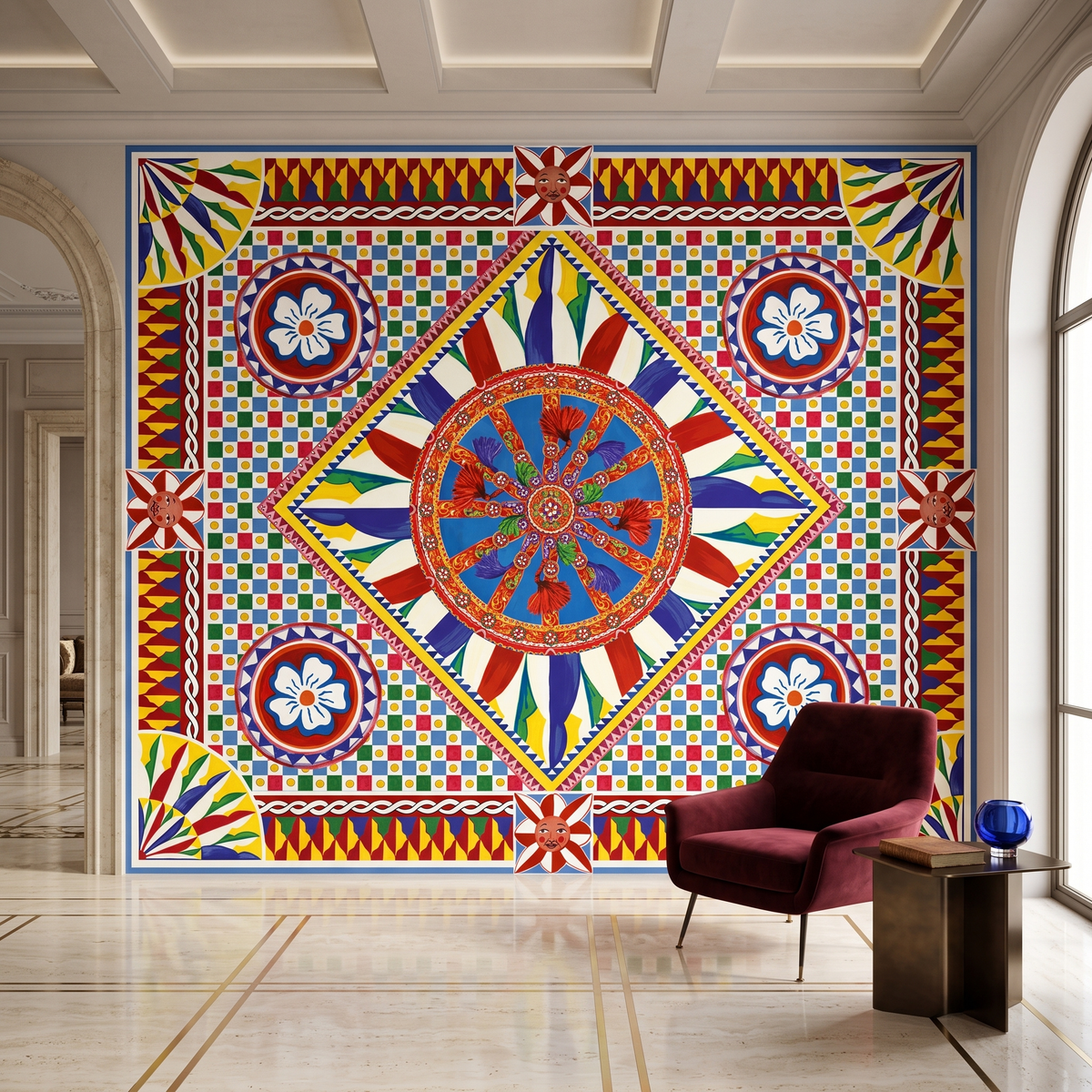 Papier peint panoramique Dolce Gabbana carreaux fleuris colorés
