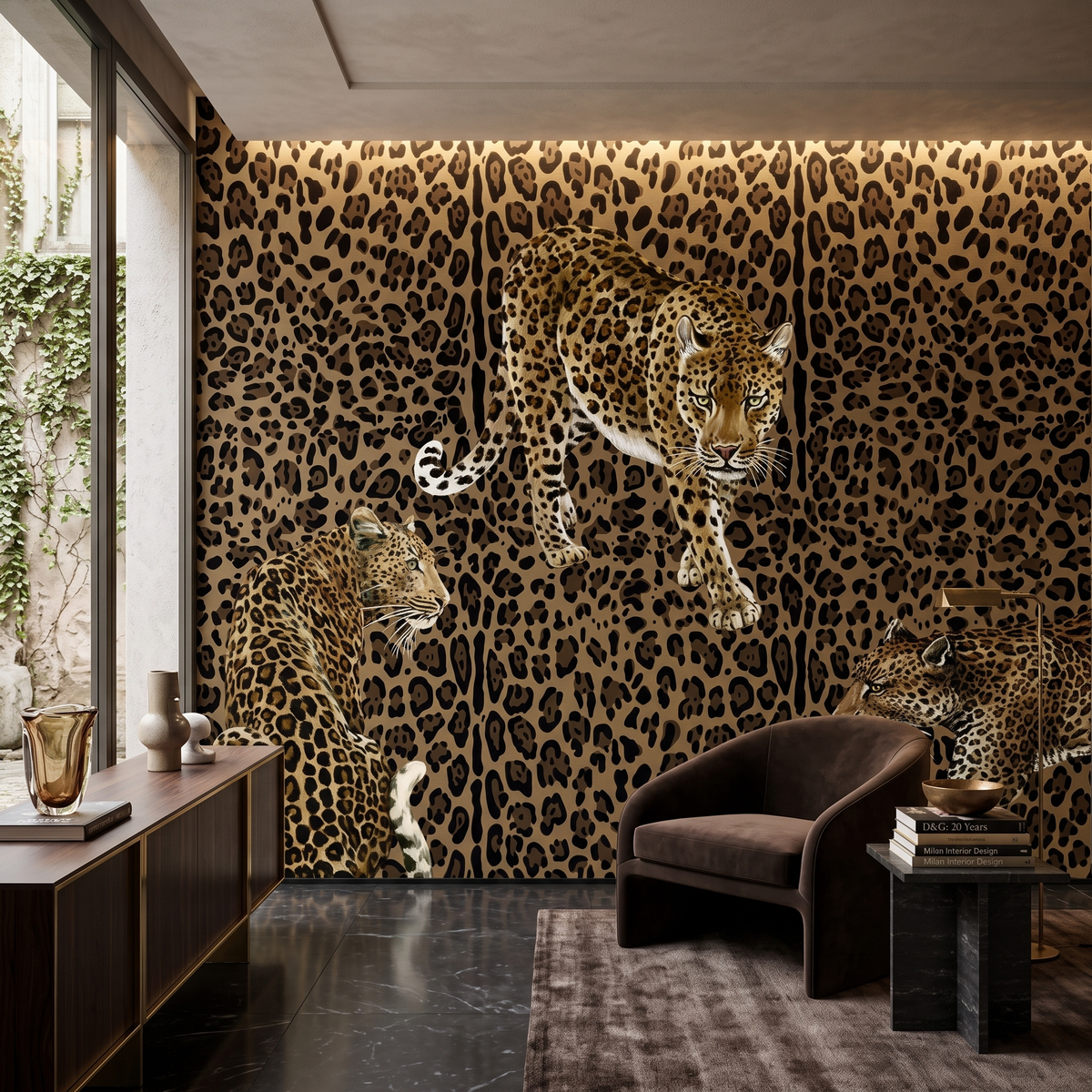 Papier peint panoramique Dolce Gabbana léopards sur fond léopard