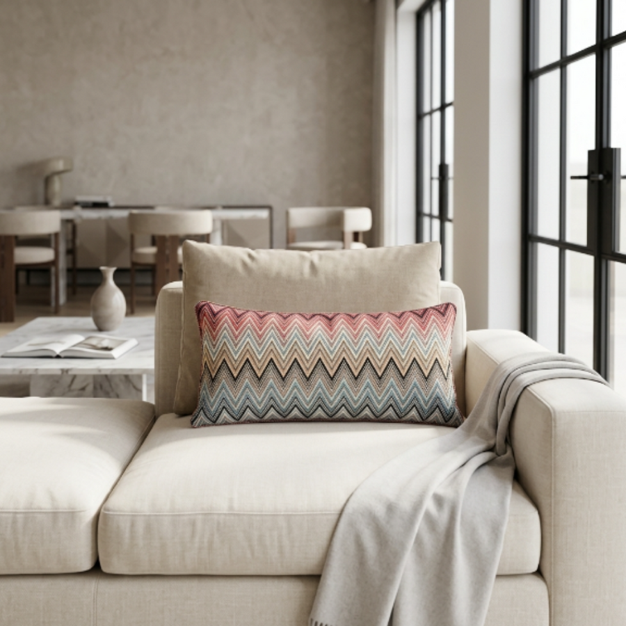 Coussin de dos décoratif à motif zigzag saumon et bleu