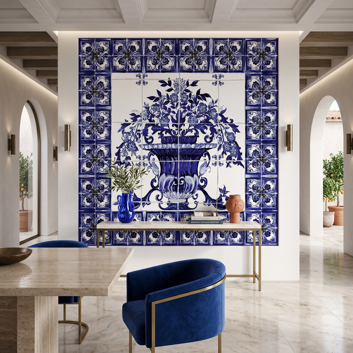 Papier peint panoramique Dolce Gabbana fleurs en pot sur carreaux de faïence