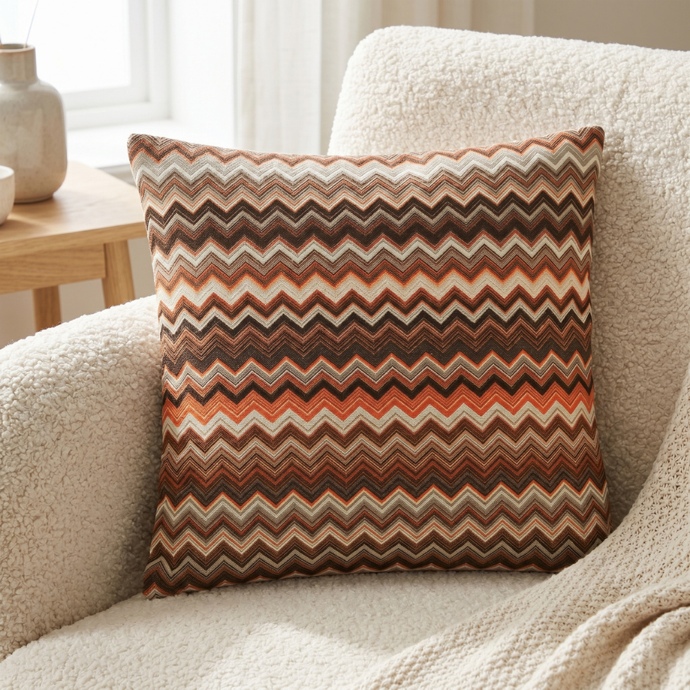 Coussin décoratif à motif zigzag ethnique ton cannelle