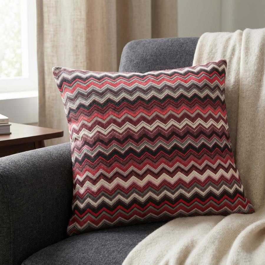 Coussin décoratif à motif zigzag ethnique rouge et anthracite