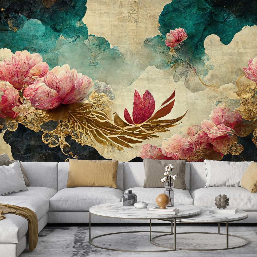 Papier peint hortensias et feuilles dorées