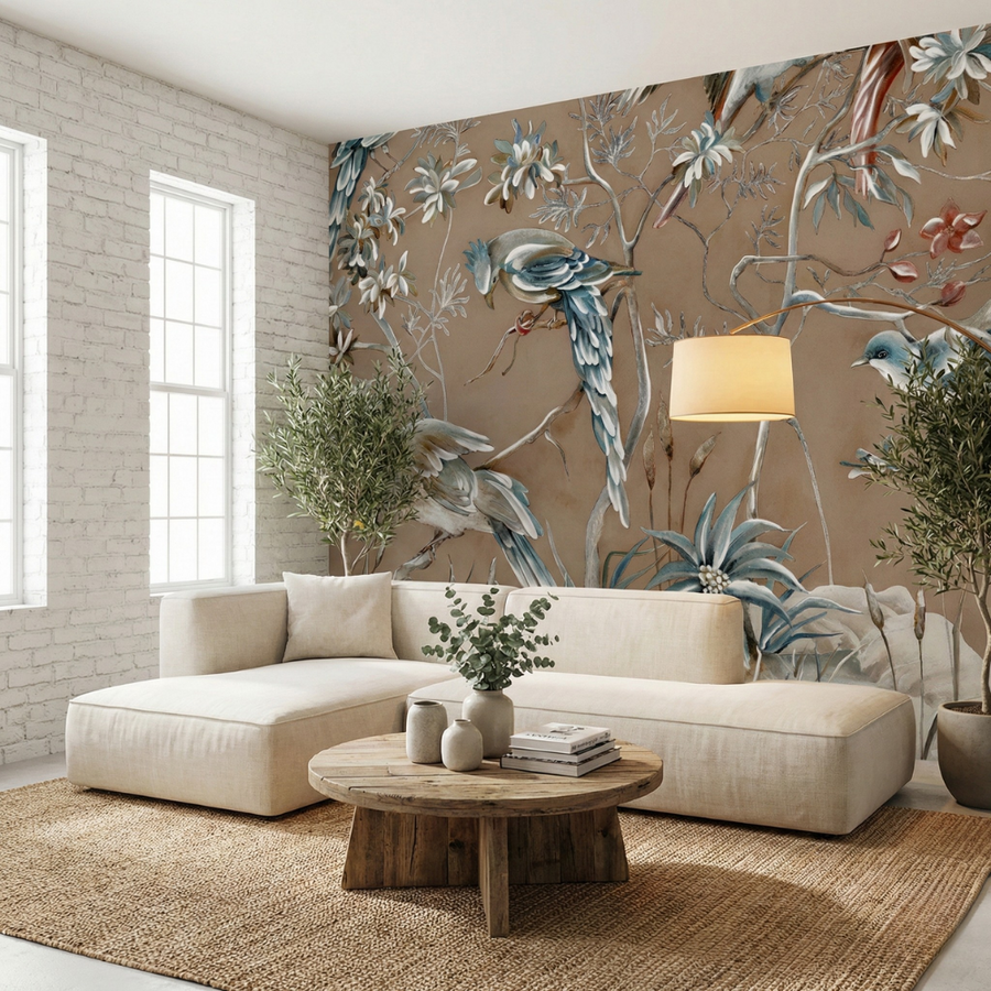 Papier peint à motif d'oiseaux et de fleurs